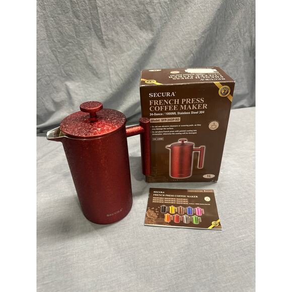 Stainless Steel French Press Coffee Maker, Double-Wall Coffee Press- 34oz, Red - Picture 5 of 6